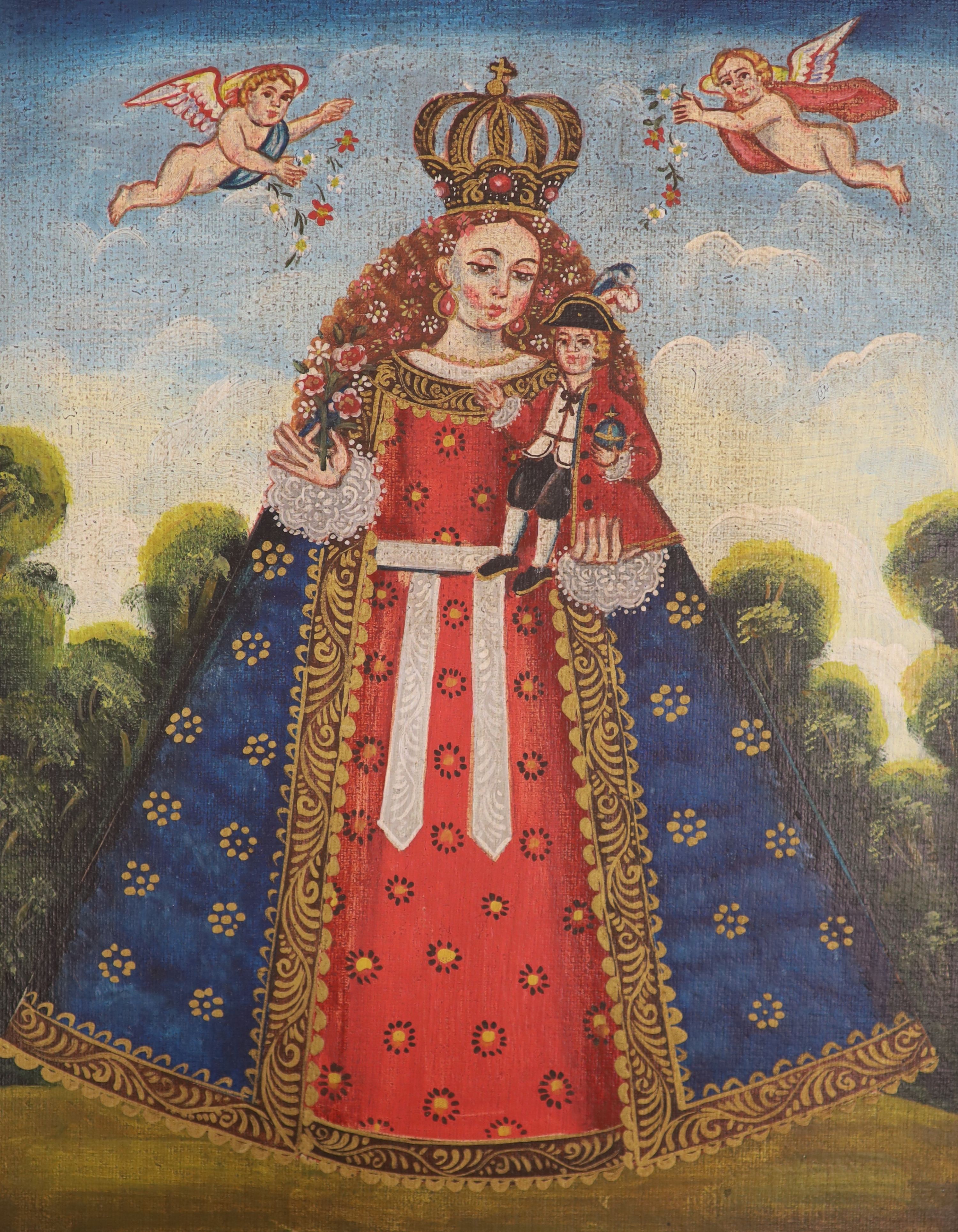 Cuzco School, two oils on board, Saint and the devil and Portrait of a Queen, 30 x 20cm and 24 x 20cm